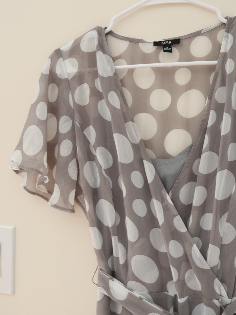 MSK Flowy Sheer Gauzy Asymmetrical Polka Dot Wrap Tie Midi Dress Sz M Retro Twee - Picture 5 of 10